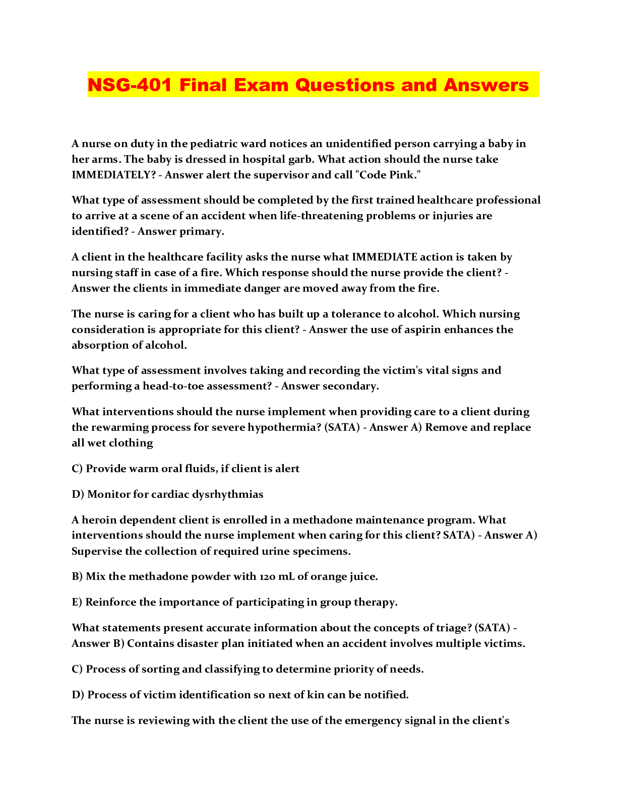 Preview of NSG-401 Final Exam Questions and Answers